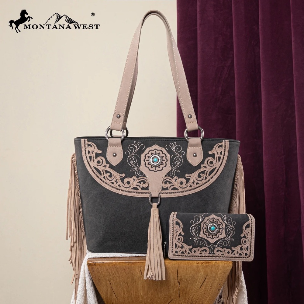 Montana West Embroidered Concealed Carry Tote with Wallet Set Black NWT